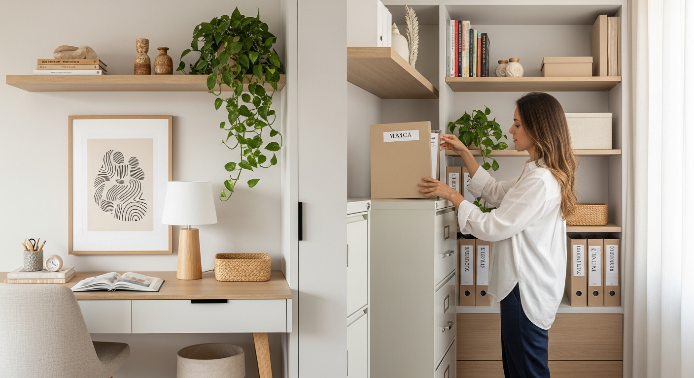 A well-organized home office corner with a woman placing a labeled file into a neat filing cabinet. The scene is bright, clean, and uses neutral colors with a touch of green from a plant. Brazilian aesthetic.