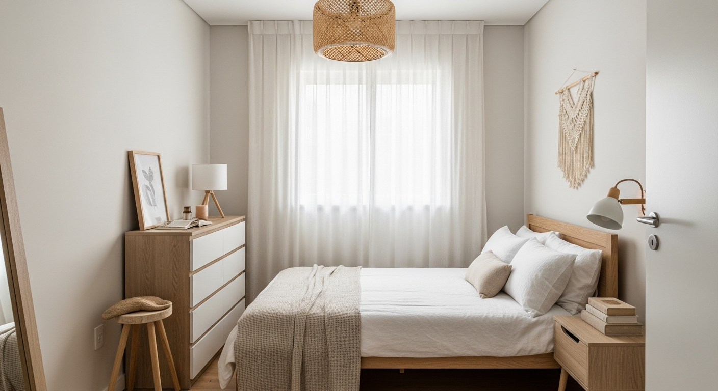 A cozy and bright small bedroom painted in a soft off-white. The room has light wood furniture, white linen bedding, and a large window with sheer curtains letting in natural light. Minimalist and Japandi style.
