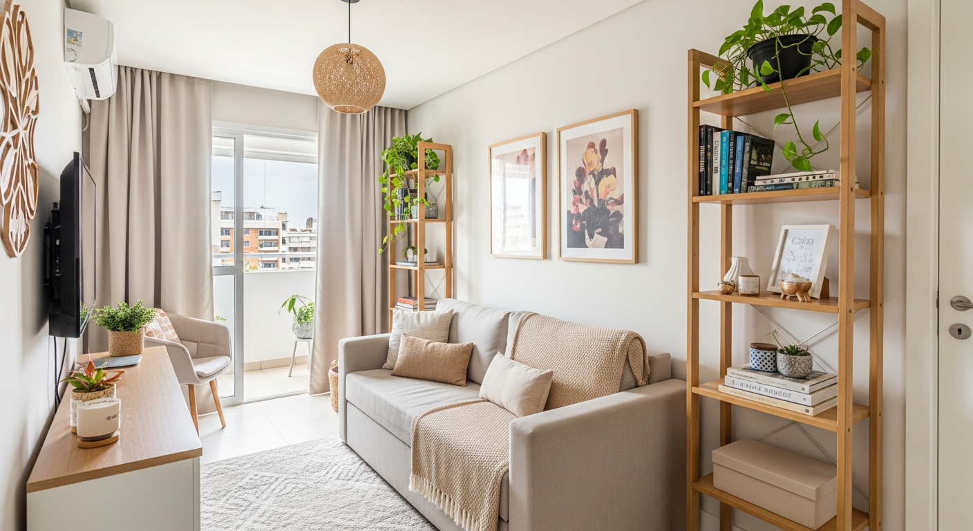 A small, cozy living room in a Brazilian apartment, organized and tidy. The style is a mix of Scandinavian and modern rustic, with light-colored walls, a multifunctional sofa, and vertical shelves holding plants and books. The atmosphere is bright and airy.