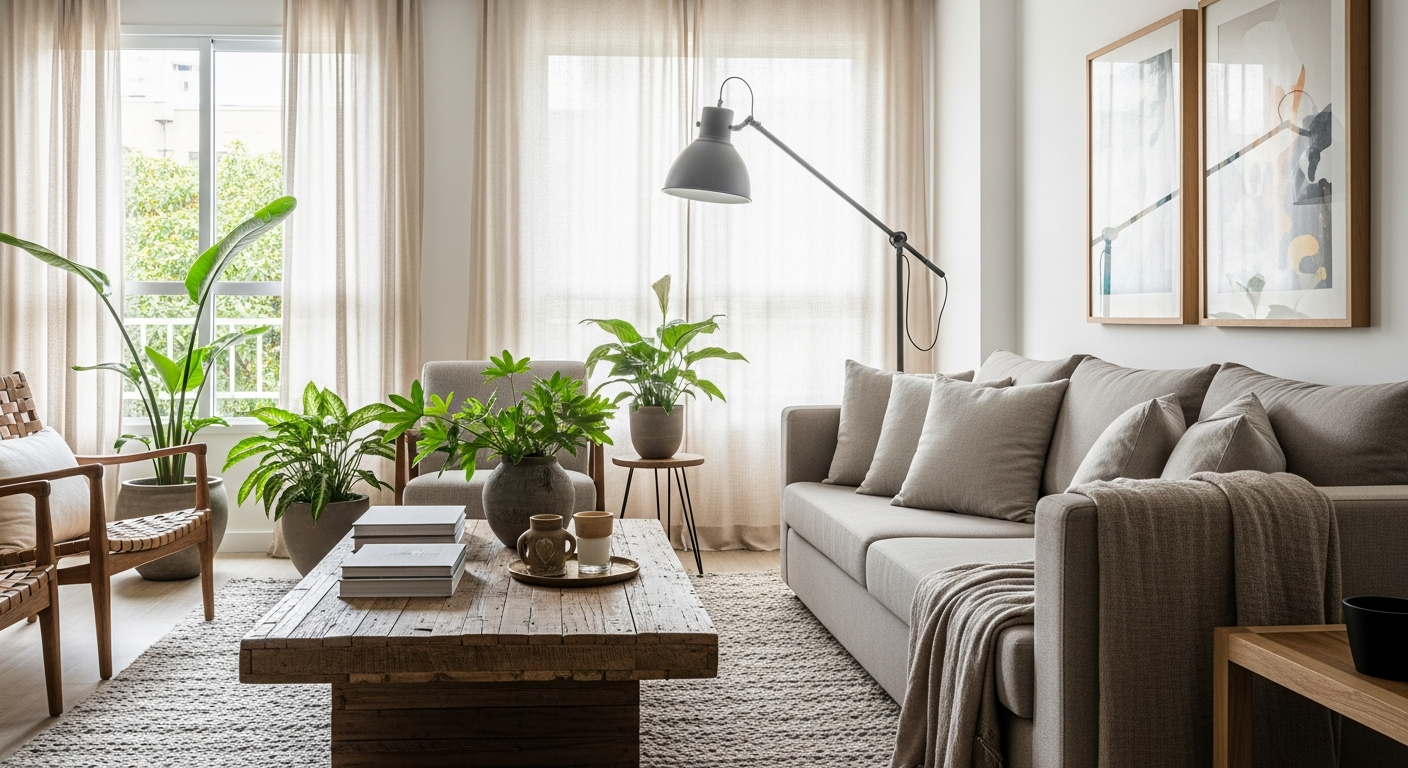 A bright and airy living room with modern rustic decor. A large, neutral-colored sofa with linen pillows, a reclaimed wood coffee table, a black metal floor lamp, and large windows with sheer curtains. A textured rug and several green plants are visible. Photorealistic, warm natural light.
