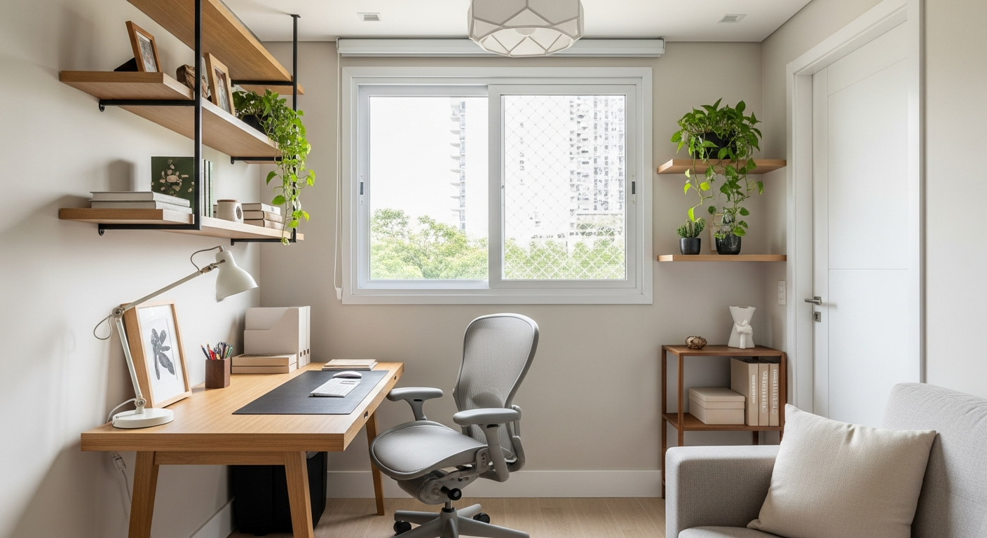 A beautifully organized home office with a minimalist wooden desk, an ergonomic chair, a large window with natural light, and green plants on shelves. Style: Bright and airy, modern Brazilian interior design.