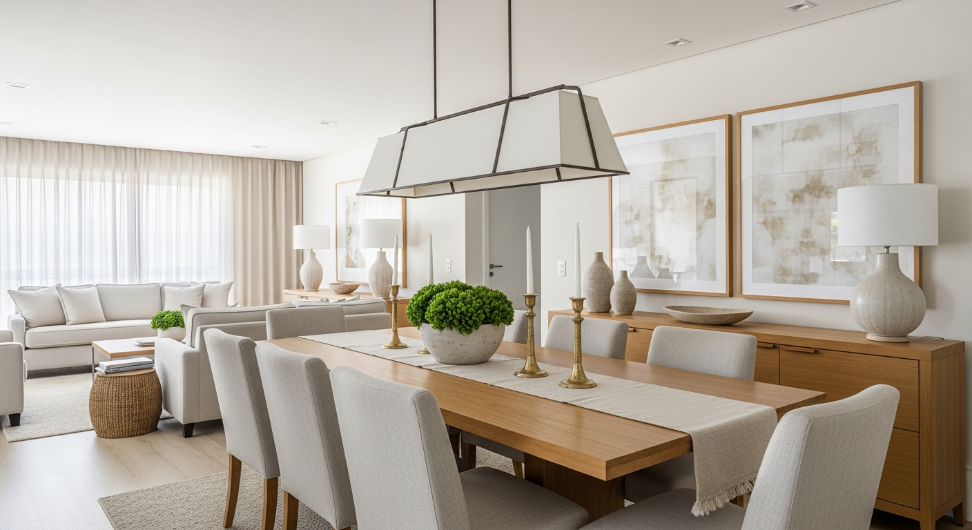 A beautifully decorated dining room with a large wooden table, six upholstered chairs, and a modern pendant light hanging above. The style is bright and airy, with a neutral color palette. Photorealistic, interior design magazine style.