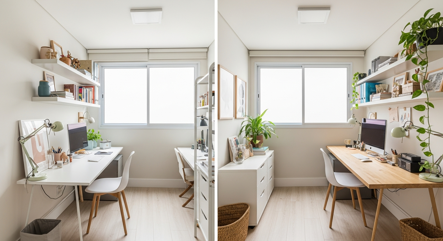 A bright, modern home office for a couple, with two distinct workspaces side-by-side. One side is minimalist with neutral tones, the other is more colorful with plants and personal items. A large window in the center provides natural light. Brazilian style decor.