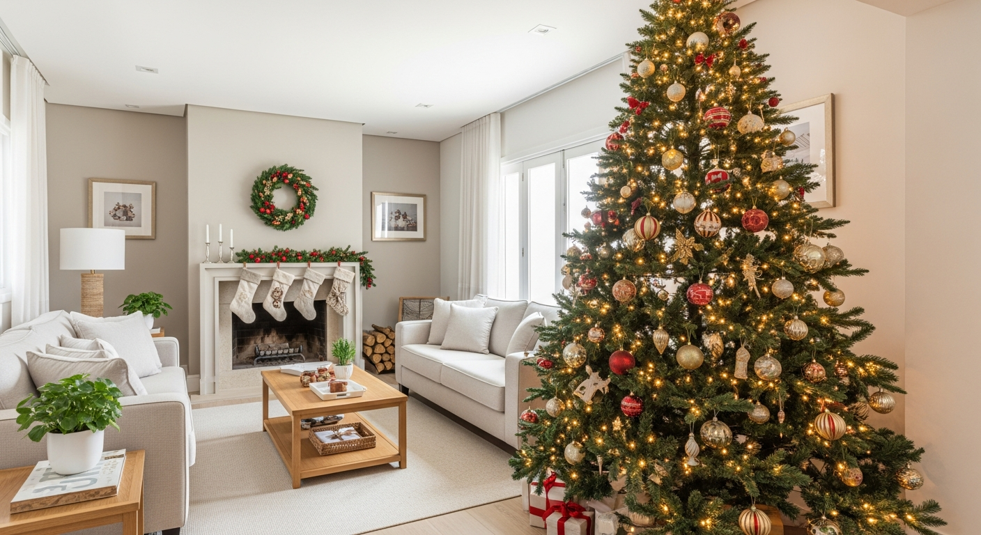 A beautifully decorated living room for Christmas, with a large Christmas tree full of lights and ornaments. The style is cozy and classic, with red and gold tones. A fireplace with stockings is in the background. Brazilian family atmosphere.
