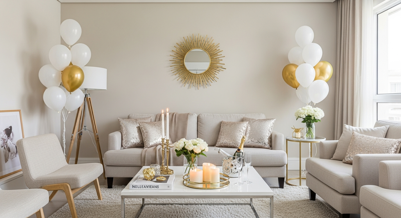 Uma sala de estar elegantemente decorada para uma festa de Ano Novo, com balões brancos e dourados, um sofá confortável com almofadas de paetê e uma mesa de centro com velas e taças de champanhe.