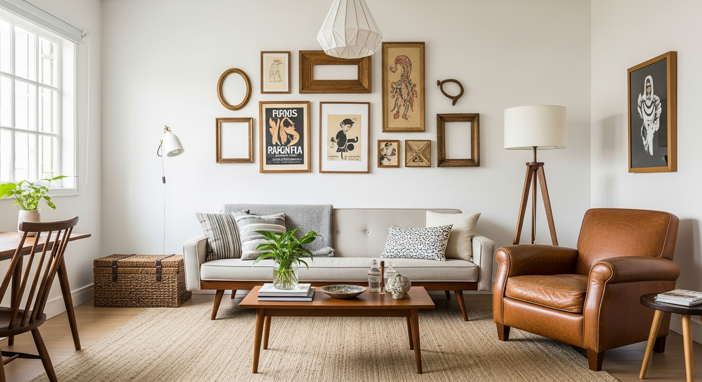 A cozy living room with vintage decor, featuring a mid-century modern sofa with tapered legs, a gallery wall of old frames and posters, and a worn leather armchair. Natural light streams in. Photorealistic style.