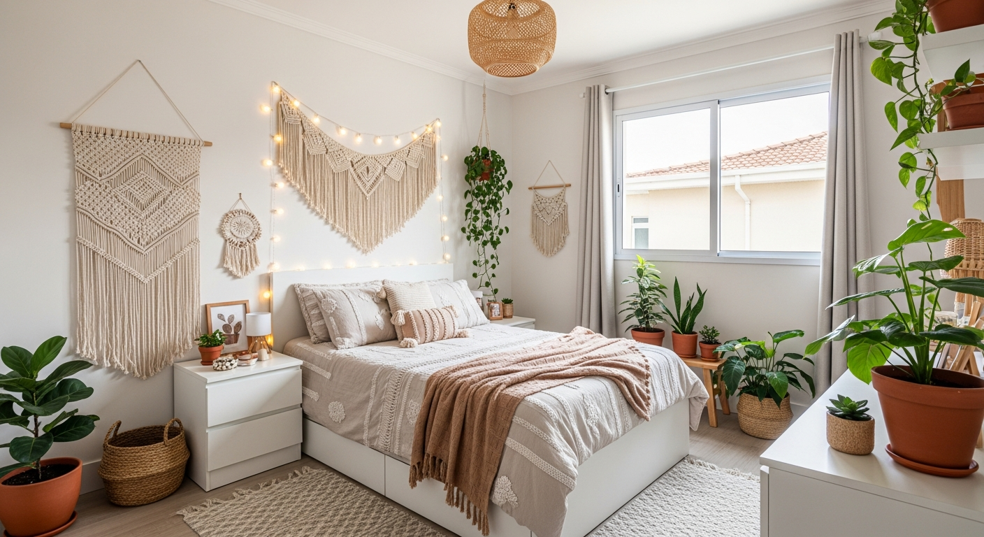 Uma foto de um quarto de adolescente menina aconchegante e de estilo boêmio. Há tapeçarias de macramê na parede, luzes de fada penduradas na cabeceira, muitas plantas em vasos e uma paleta de cores neutras com toques de terracota. A luz natural entra por uma janela grande.