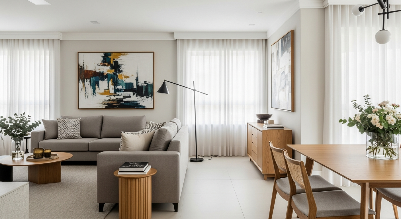 A wide shot of a contemporary living room with clean lines. A neutral gray sofa, a large abstract painting on the wall, a sleek black metal floor lamp, and large windows with sheer white curtains. Natural light floods the space.