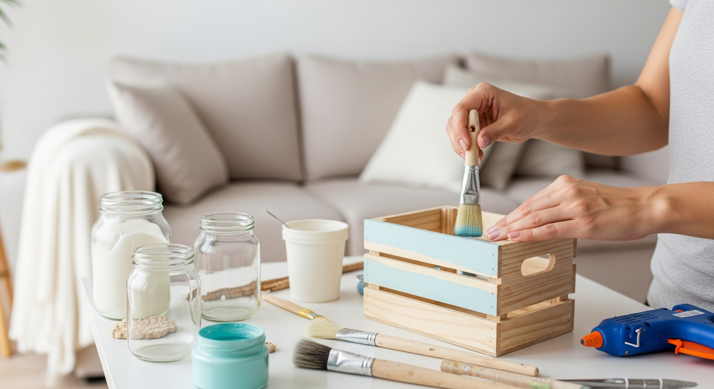 Close-up shot of a woman's hands painting a small wooden crate with pastel blue chalk paint, surrounded by other DIY supplies like brushes, jars, and a glue gun. Bright, natural lighting.