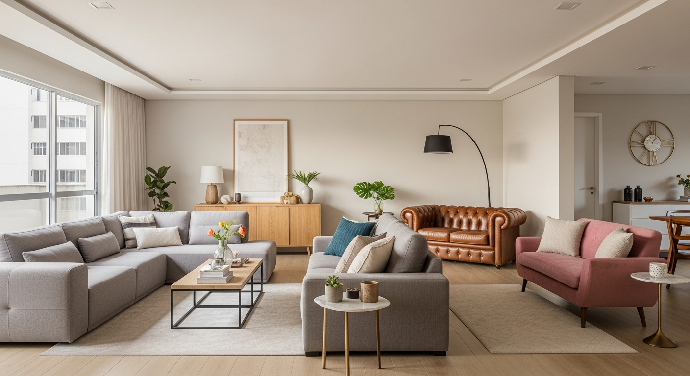 A wide, bright living room featuring multiple types of sofas: a modern L-shaped sectional in a neutral gray, a classic leather Chesterfield in a corner, and a small, colorful velvet loveseat. Photorealistic, warm natural lighting.