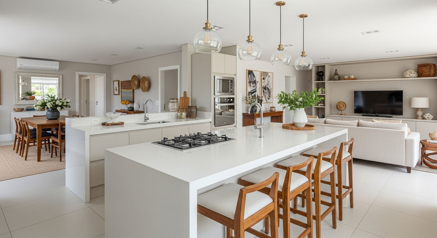 A bright, modern Brazilian kitchen with a large central island made of white quartz. The island has a built-in cooktop and stylish wooden bar stools. The photo is well-lit, showing the kitchen as the heart of the home.