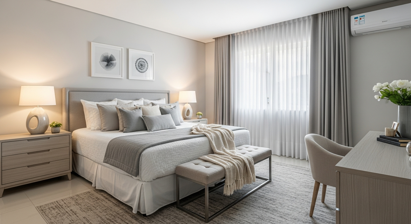 A beautifully decorated master bedroom with a neutral color palette (greys, whites, beiges), a large upholstered bed with many pillows, soft lighting from bedside lamps, and a cozy area rug. The style is modern and serene. Photorealistic, natural light.