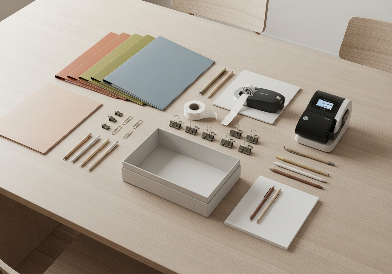 Flat lay of home organization tools for documents: colorful folders, a label maker, pens, clips, and a simple box organizer on a clean wooden table. The style is minimalist and inspiring.