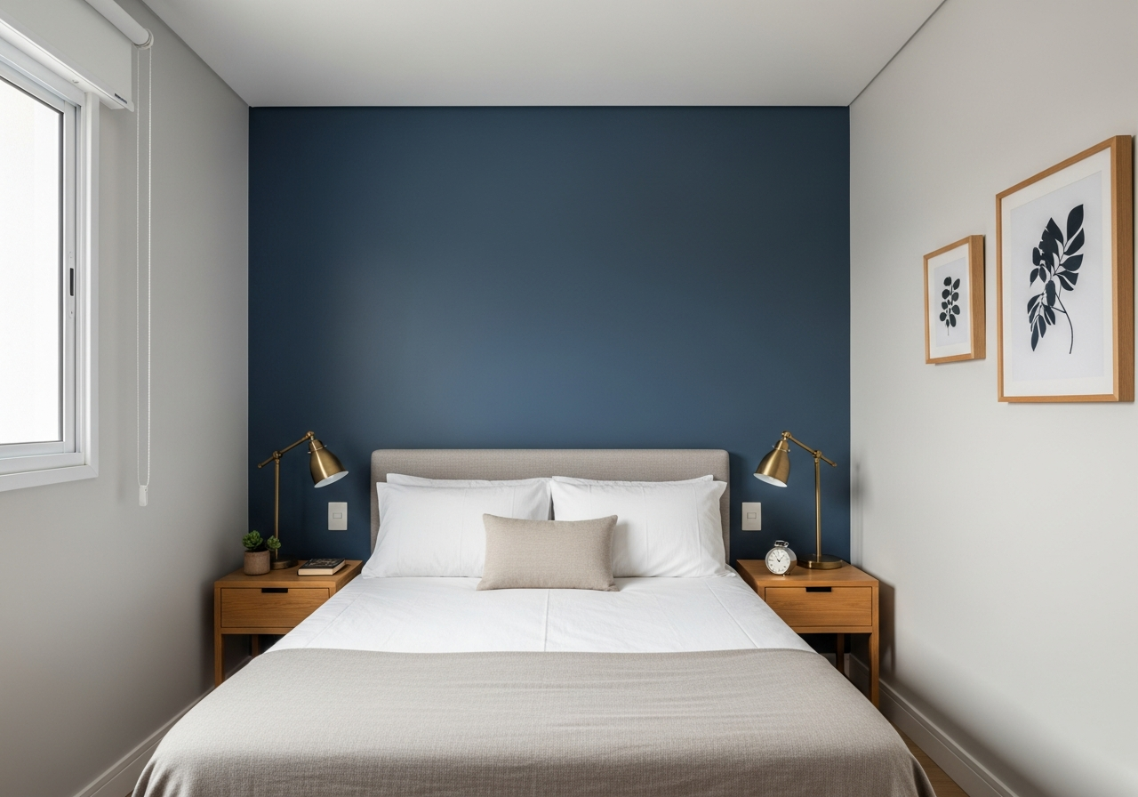 An accent wall behind a bed in a small bedroom. The wall is painted a deep, calming navy blue, while the other walls are a light grey. The bedding is white and there are warm brass reading lamps on the nightstands.