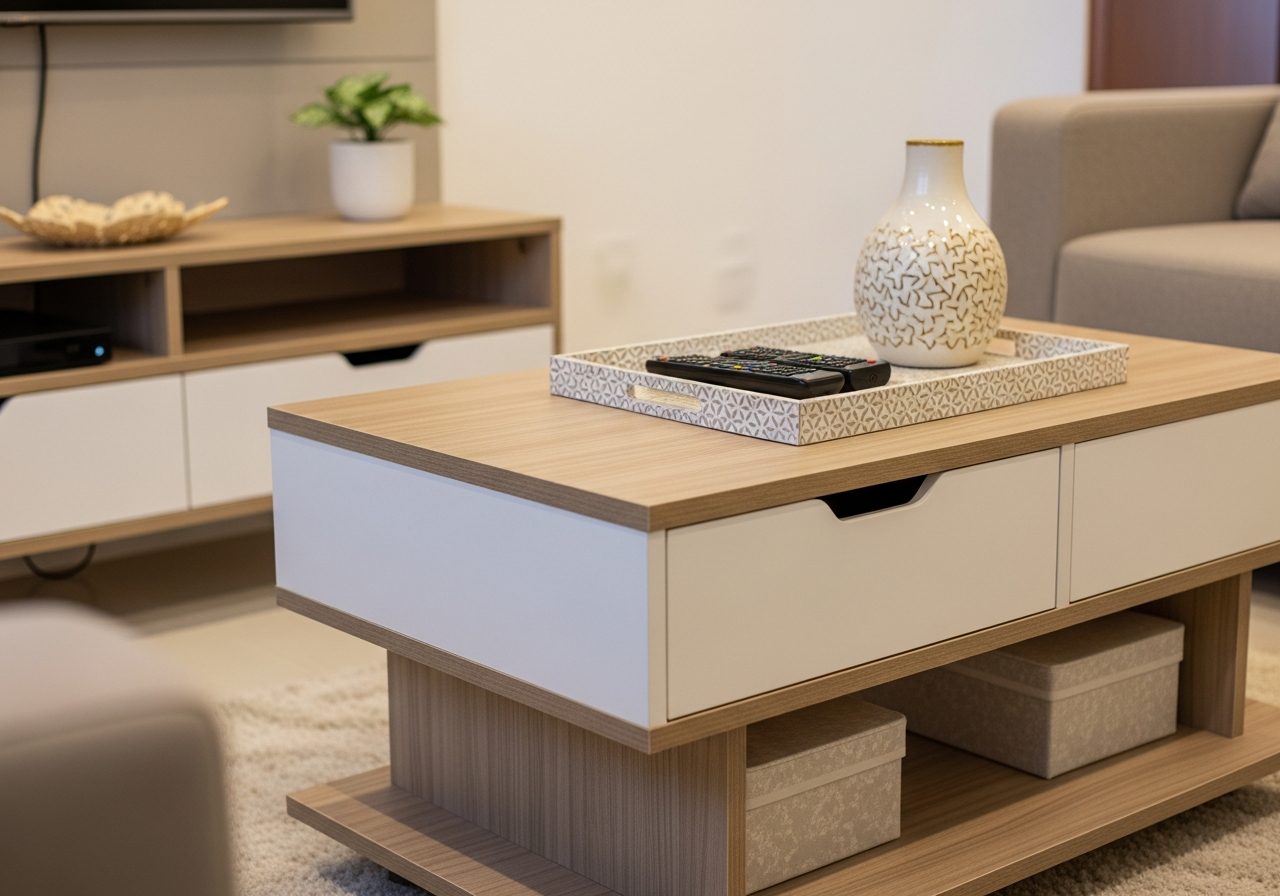 Close-up shot of a multifunctional coffee table in a small living room. The table has drawers and a lower shelf for storage. On top, a decorative tray neatly holds remote controls and a small vase. The background is slightly blurred.