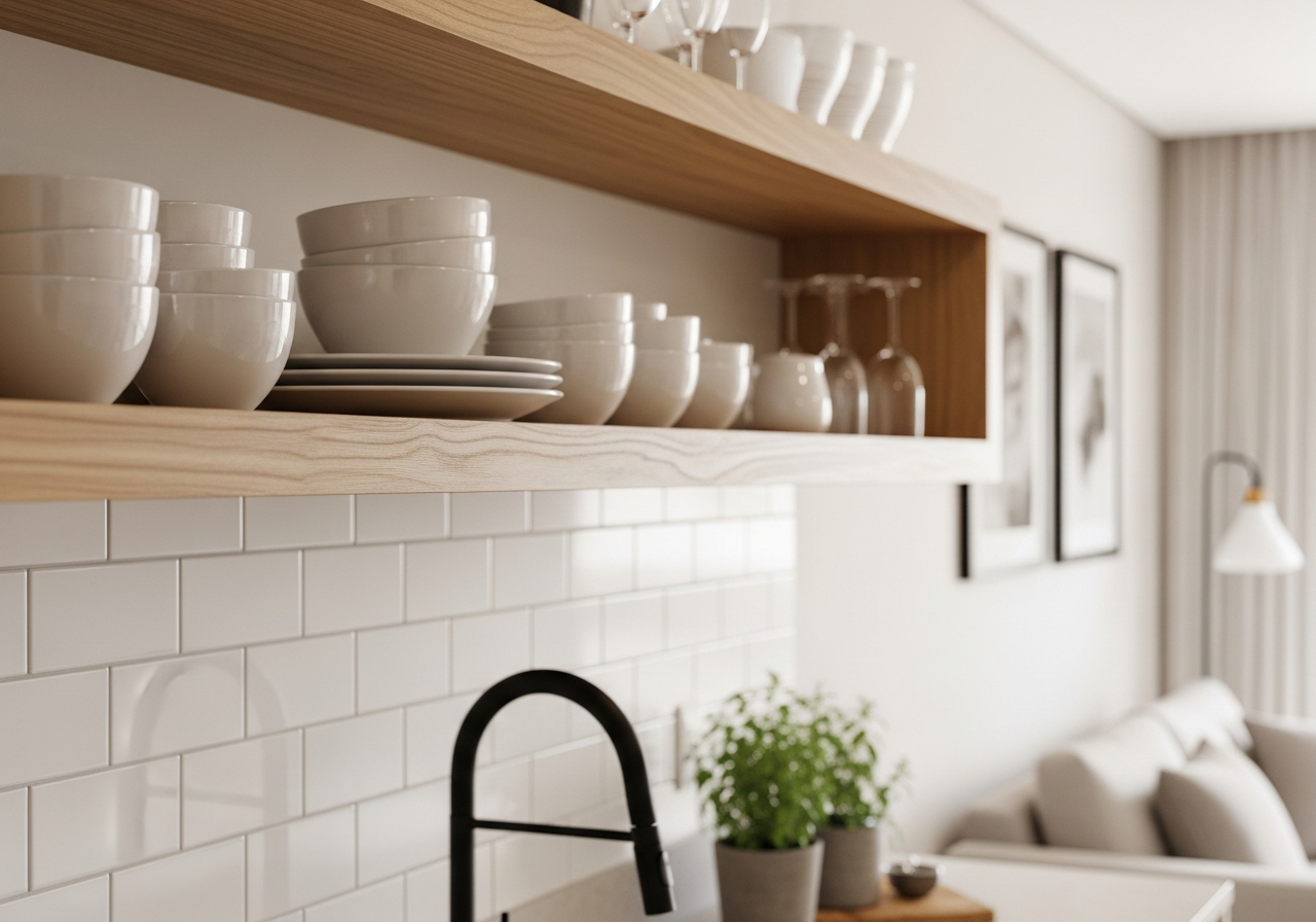 A close-up shot of a modern rustic kitchen detail. Open wooden shelves displaying simple white ceramic dishes, against a backdrop of a white subway tile wall. A modern black faucet and a small potted herb are on the countertop. Soft, focused lighting.