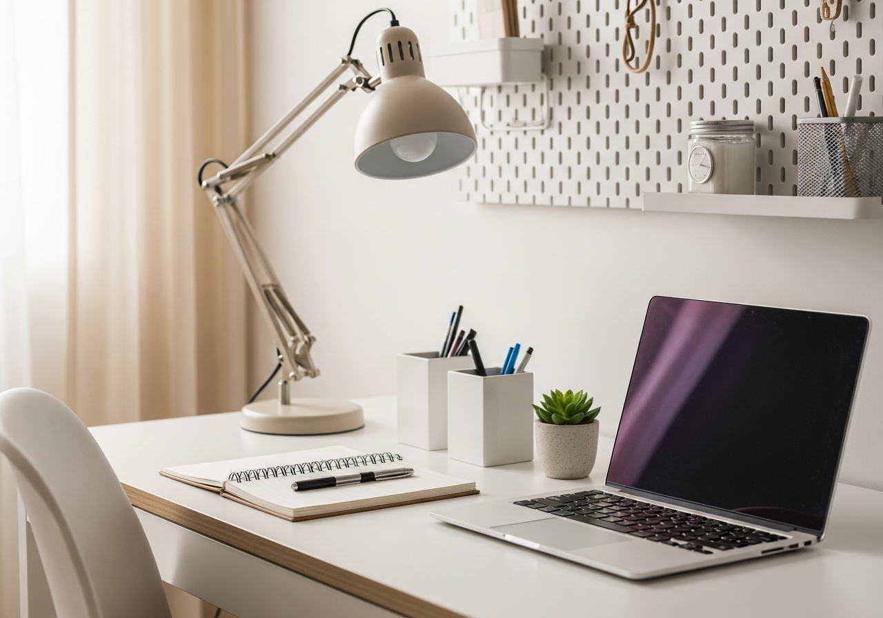 Close-up of a well-organized desk for a home office, showing a stylish desk lamp, a laptop, a notebook, pen holders, and a small succulent. The background is a pegboard with accessories. Style: Cozy and functional.