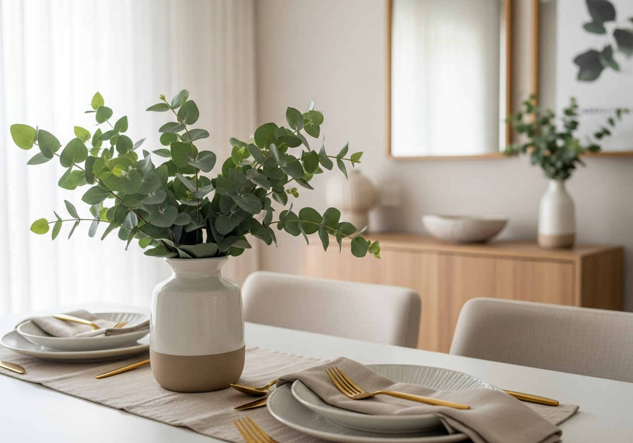 A close-up shot of a dining table centerpiece. A simple ceramic vase with fresh eucalyptus branches, next to a set of elegant plates and gold cutlery. Soft, natural light from a window.