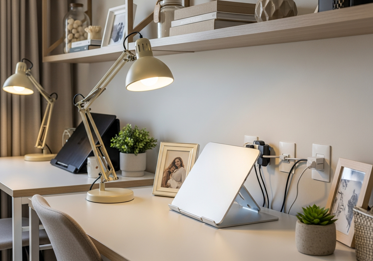 Close-up shot of a well-organized desk in a shared home office. Shows a stylish desk lamp, a neat cable management system, a vertical laptop stand, and personal touches like a framed photo and a small succulent. The other desk is slightly visible in the background.