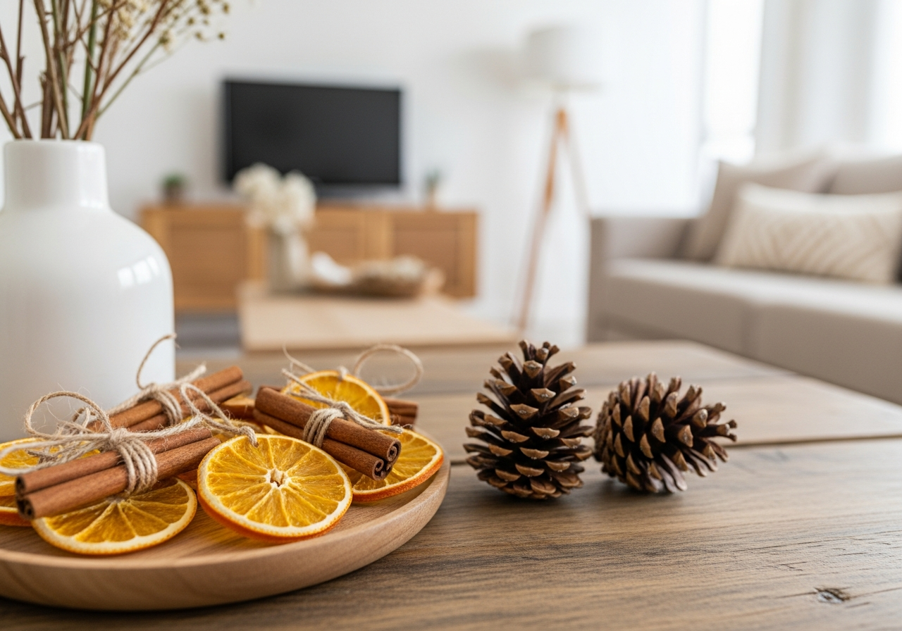 Close-up shot of sustainable Christmas decorations. Ornaments made from dried orange slices, cinnamon sticks, and pinecones on a rustic wooden table. The background is slightly blurred showing a cozy living room.