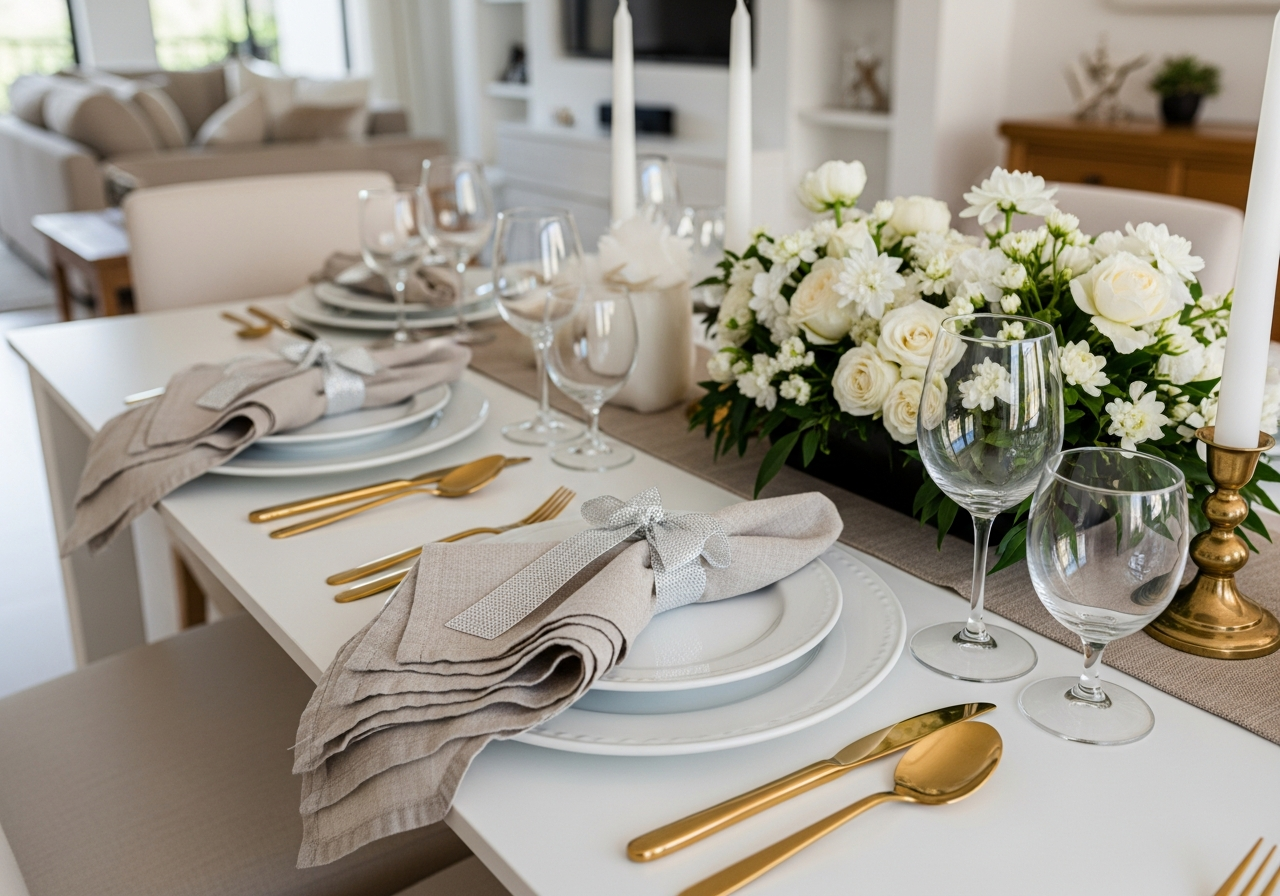 Um close-up de uma mesa de jantar de Réveillon, com pratos brancos, talheres dourados, guardanapos de linho amarrados com uma fita brilhante e um centro de mesa feito com flores brancas e velas.