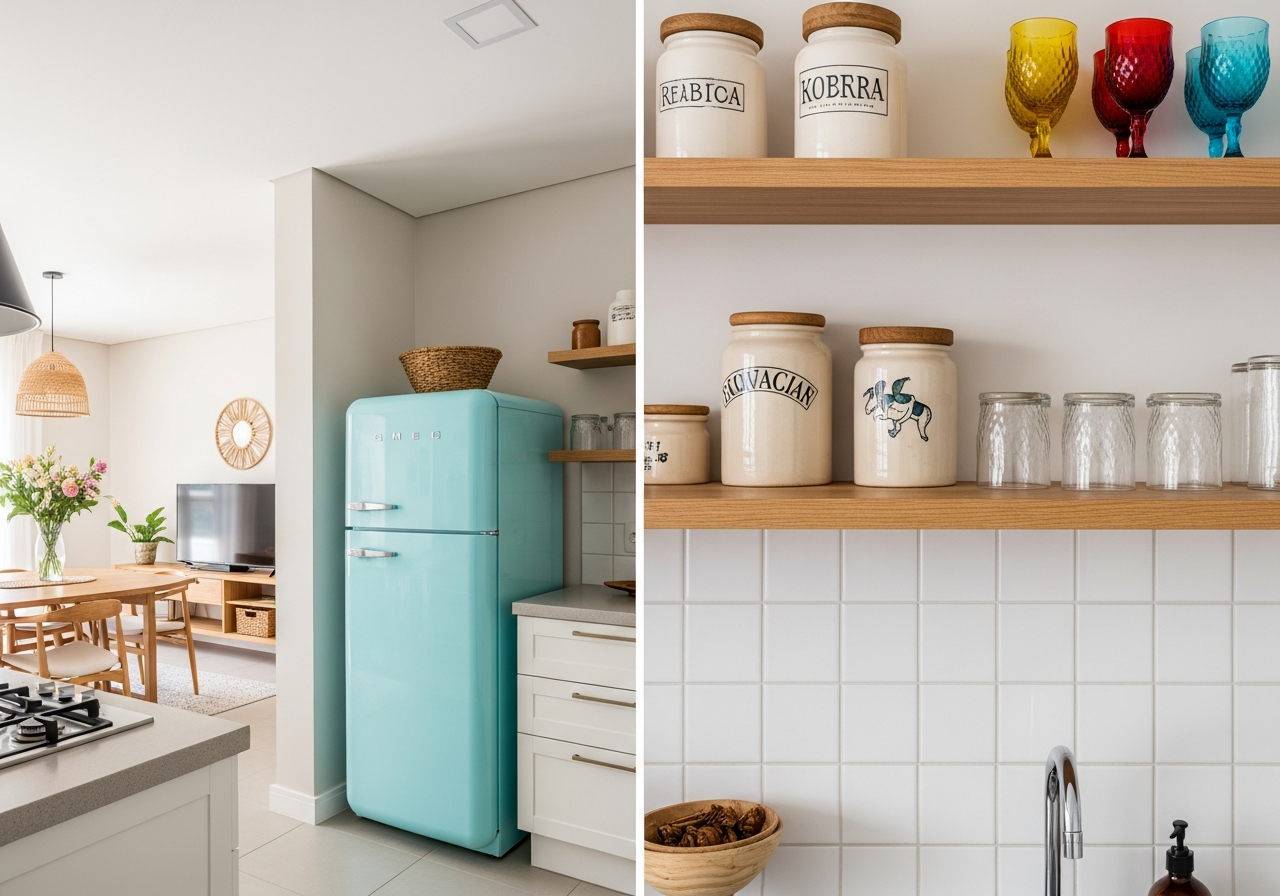 A bright white kitchen with vintage touches. A retro-style turquoise refrigerator is the centerpiece. Wooden shelves display old ceramic jars and colored glassware. Close-up on a detail. Warm and inviting.
