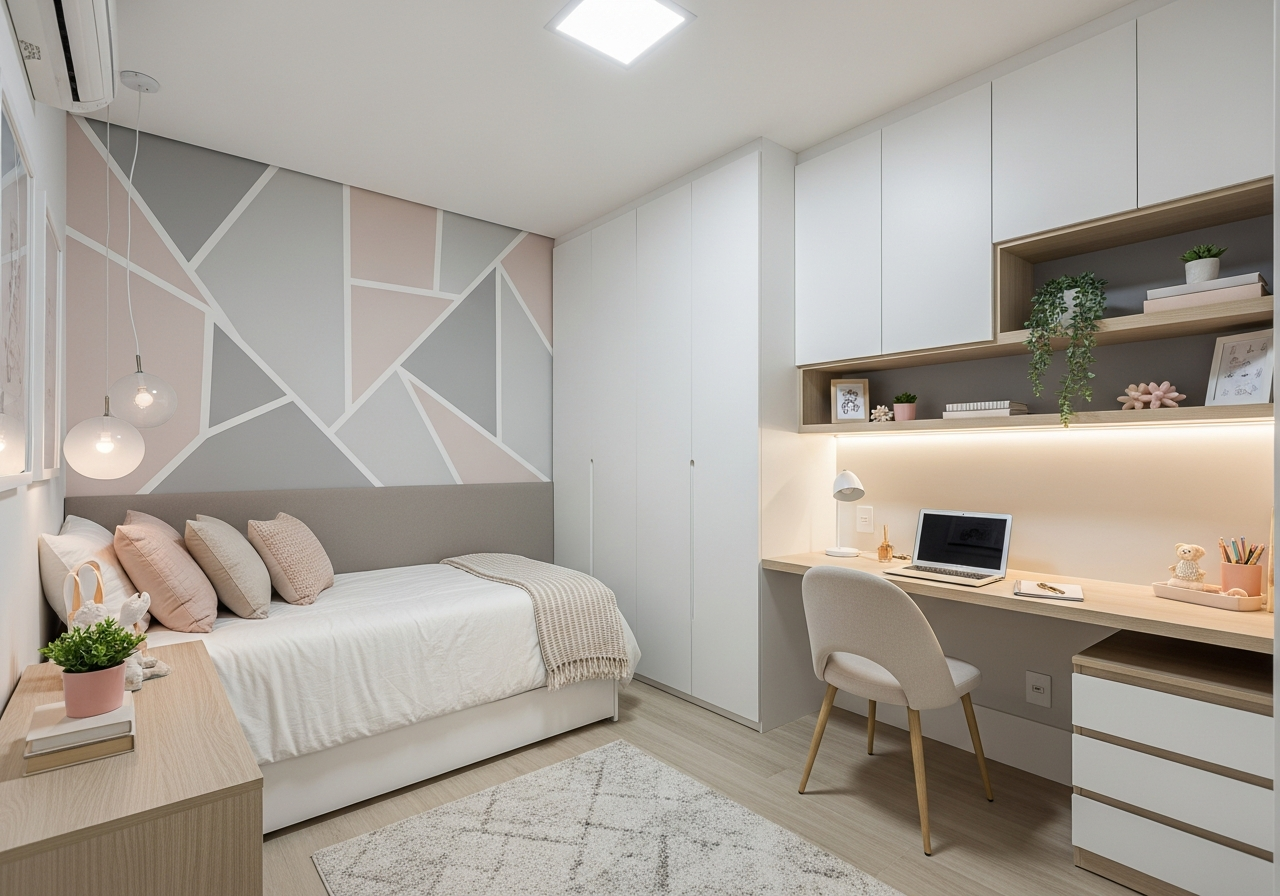 Um quarto de adolescente menina moderno e minimalista com um design limpo. Uma parede de destaque tem um padrão geométrico em tons pastel. Há uma área de estudo elegante com um laptop e iluminação de fita de LED sob as prateleiras, criando um ambiente descolado. As cores predominantes são branco, cinza e rosa blush.