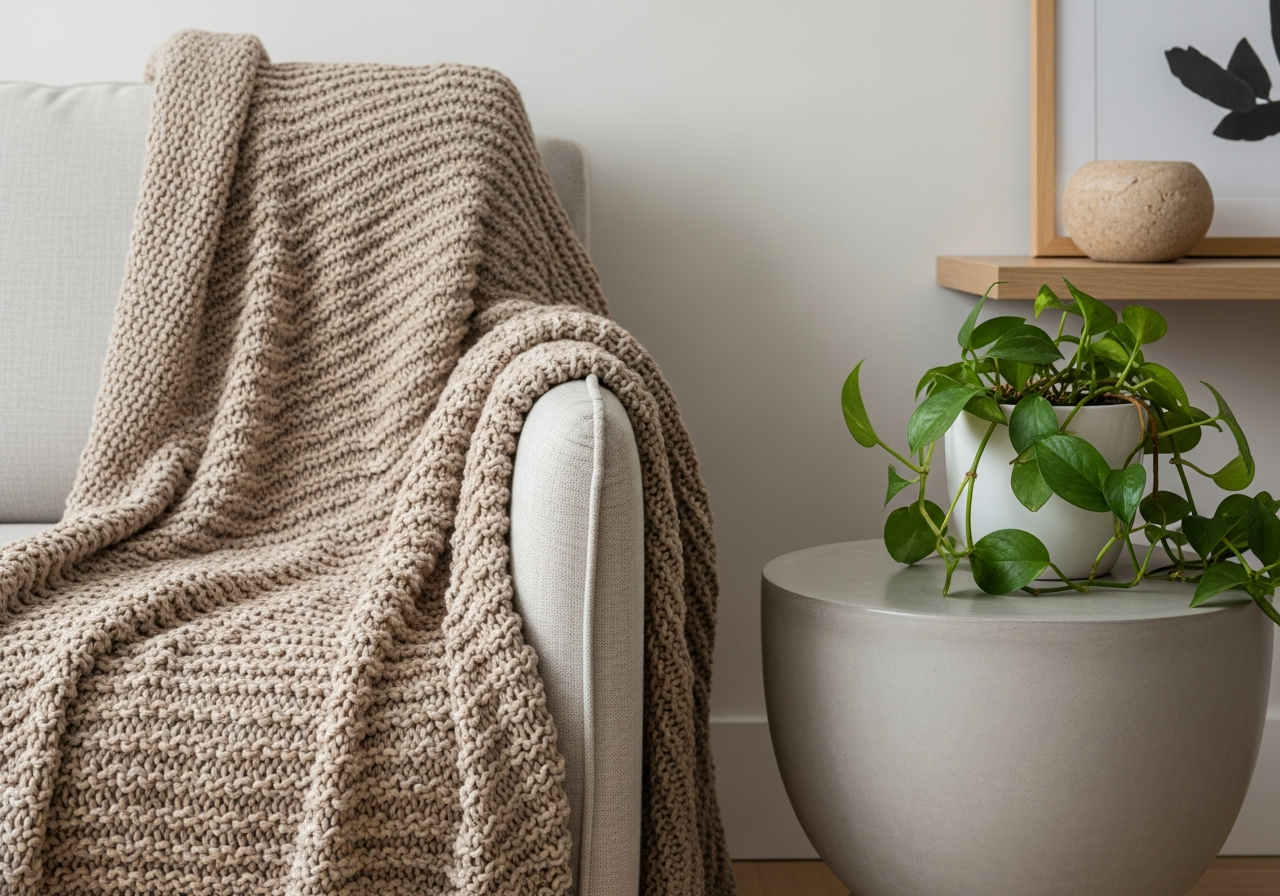 A close-up detail shot in a contemporary home. Focus on textures: a chunky knit wool blanket draped over a linen armchair, next to a smooth concrete side table with a single green plant.