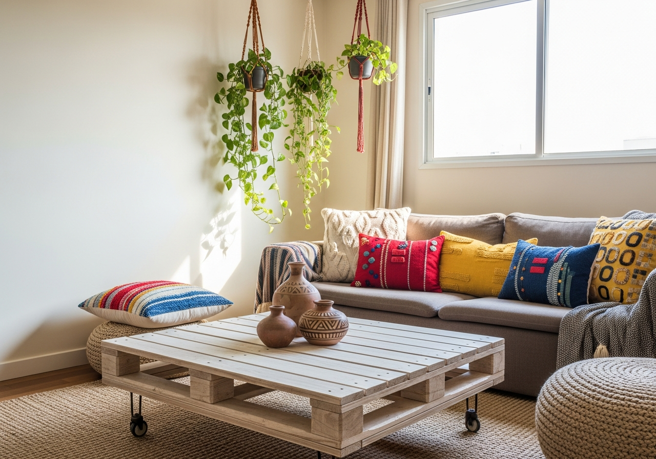 A beautifully decorated living room corner featuring DIY elements: a custom-made pallet coffee table, colorful handmade cushions on a neutral sofa, and hanging macrame plant holders. Cozy and inviting atmosphere.