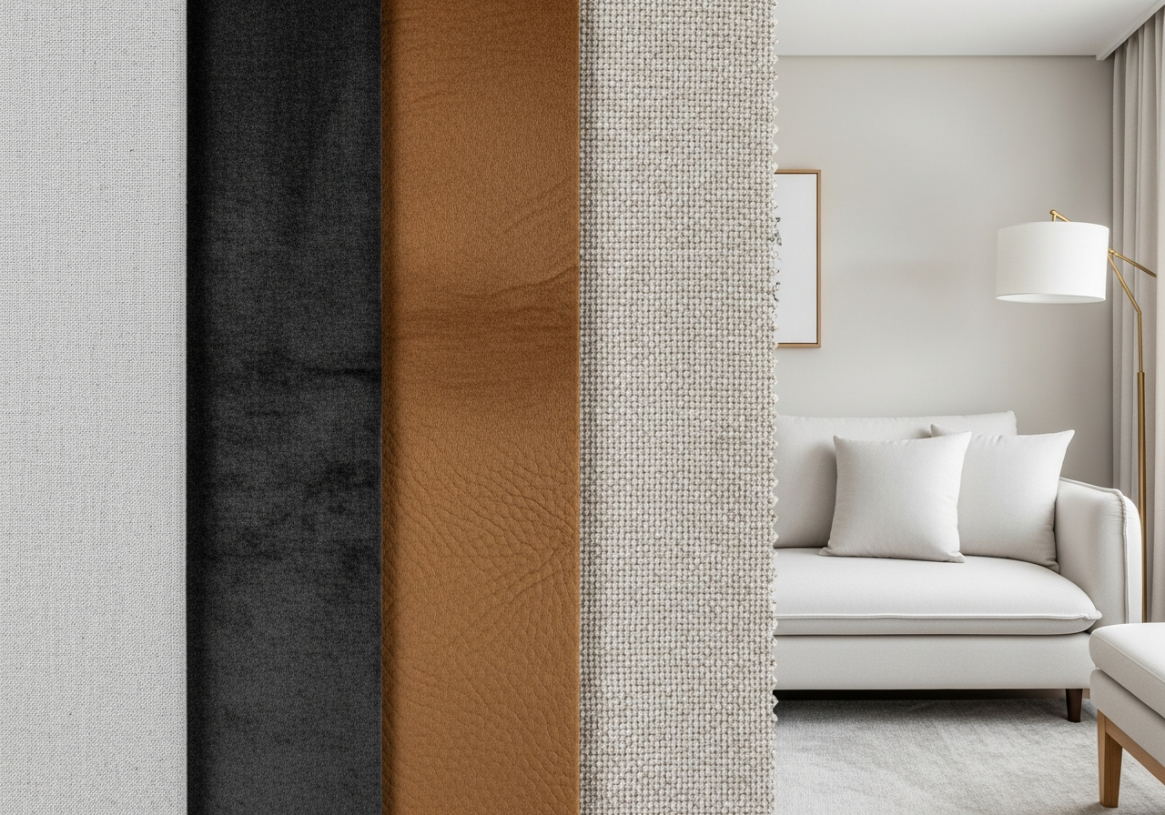 Close-up shot of different sofa fabric swatches side-by-side, including linen, velvet, leather, and a textured boucle. The lighting highlights the texture of each material. Interior design flat lay style.