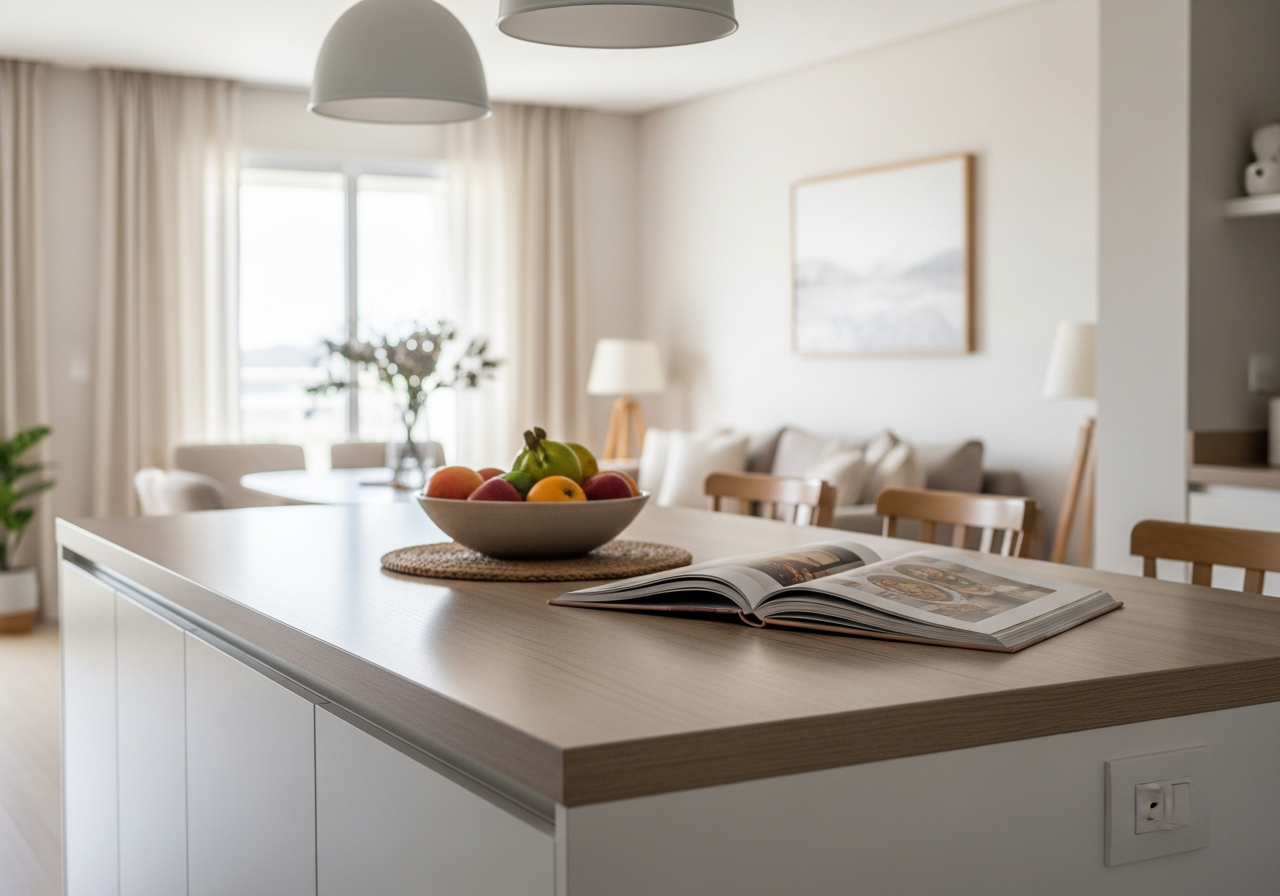 A close-up shot of a kitchen island countertop, showing the details of the material (perhaps granite or wood). On the counter, there's a bowl of fresh fruit and a cookbook, creating a cozy, lived-in feel. The background is slightly blurred.
