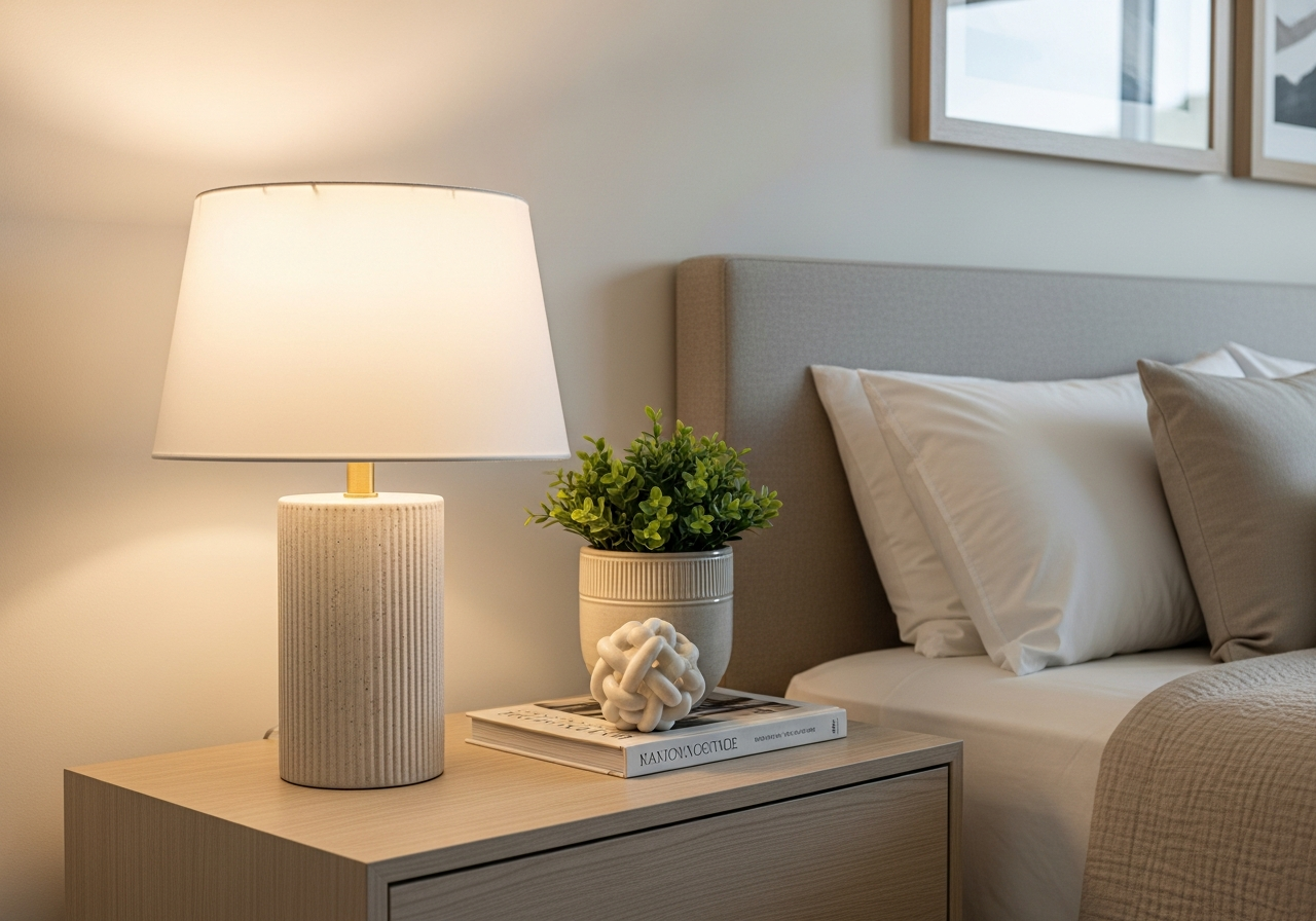 Close-up shot of a well-styled nightstand in a master bedroom. On it, a stylish lamp, a small plant in a ceramic pot, a book, and a decorative object. The background is slightly blurred, focusing on the details. Warm and inviting atmosphere.