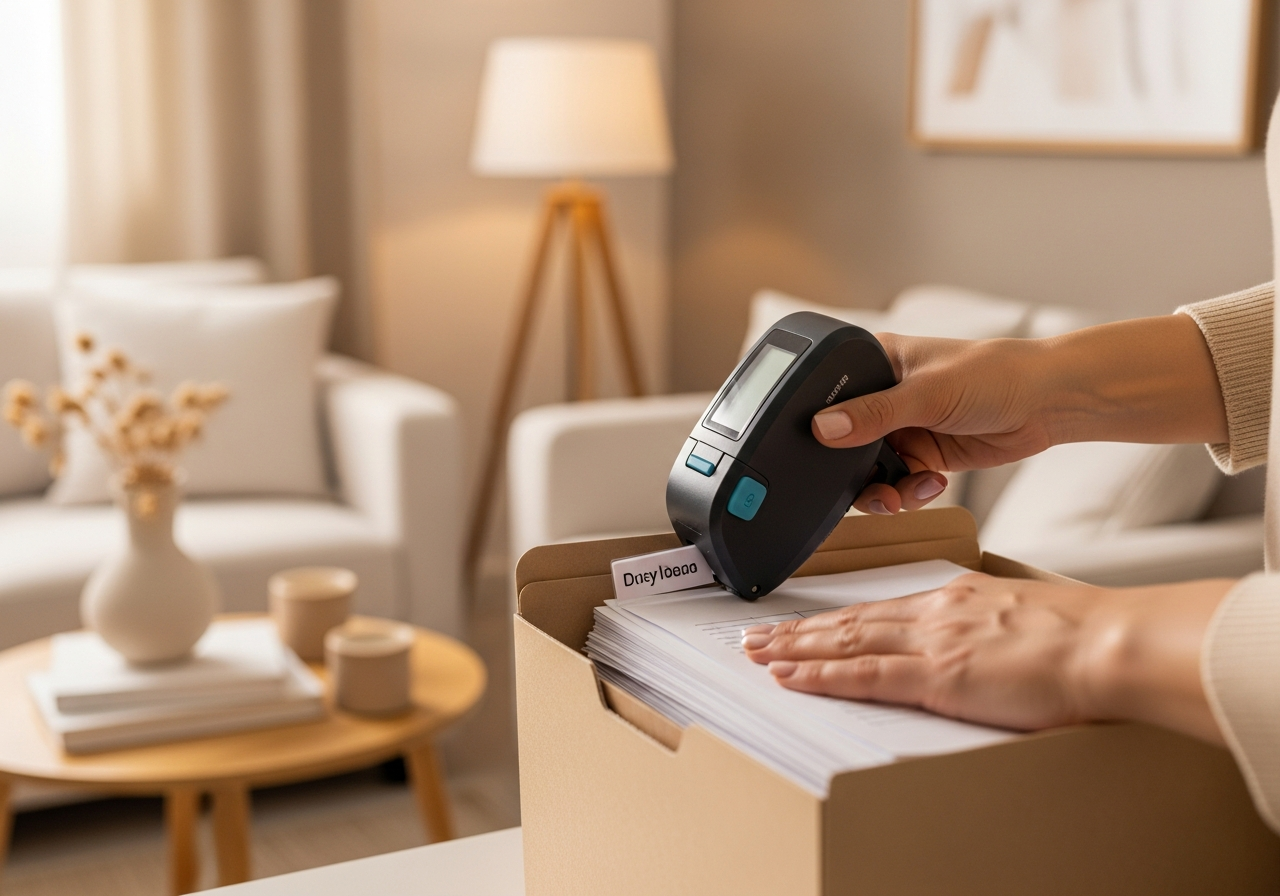 Close-up shot of a person's hands using a label maker to create a label for a document folder. The background is slightly blurred, focusing on the act of organizing. Warm and satisfying lighting.