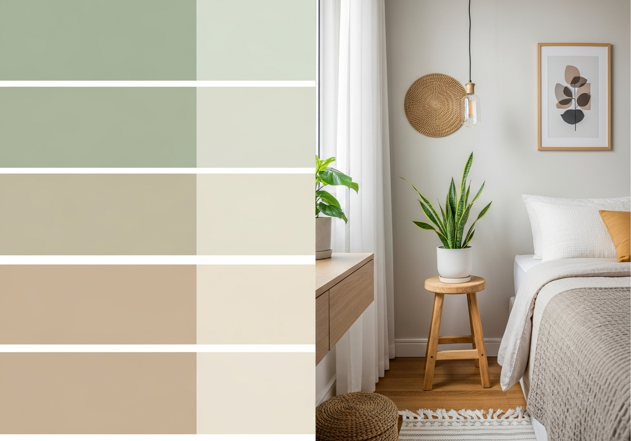 A color palette swatch for a small bedroom, showing shades of light green, beige, and creamy white. Next to the swatches, there's a small, beautifully decorated corner of a bedroom with a plant and a wooden stool. Photorealistic style.