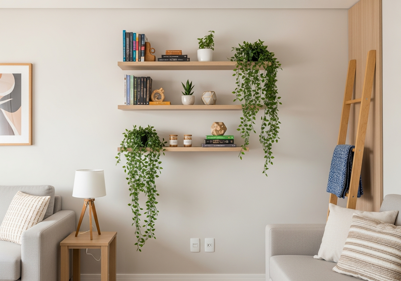 A clever storage solution for a small living room, showing floating shelves on a wall decorated in a 'decoração rústica moderna' style. The shelves hold books, small decorative objects, and hanging plants, demonstrating vertical organization.