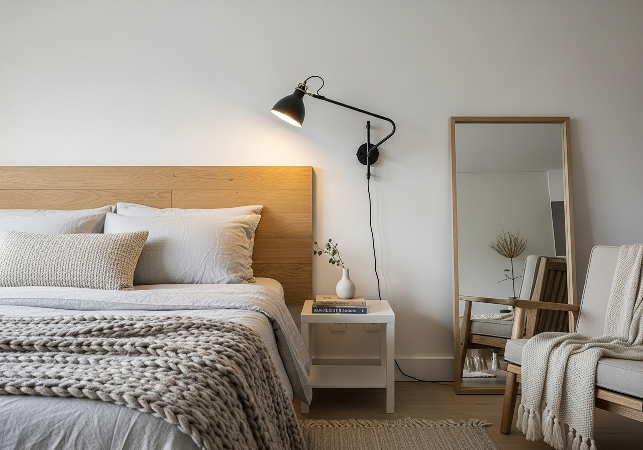 A cozy bedroom corner decorated in a modern rustic style. A bed with a linen duvet and a chunky knit blanket, a simple wooden headboard, and a modern black metal wall sconce providing warm light. A small, minimalist nightstand holds a book and a small vase. Photorealistic, serene atmosphere.
