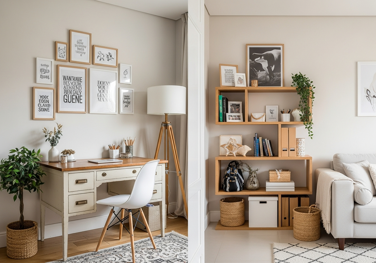 A creative home office corner in a living room, featuring a vintage-style desk, a gallery wall with inspirational prints, and smart storage solutions. The overall look is eclectic and personal. Style: Warm and inviting.
