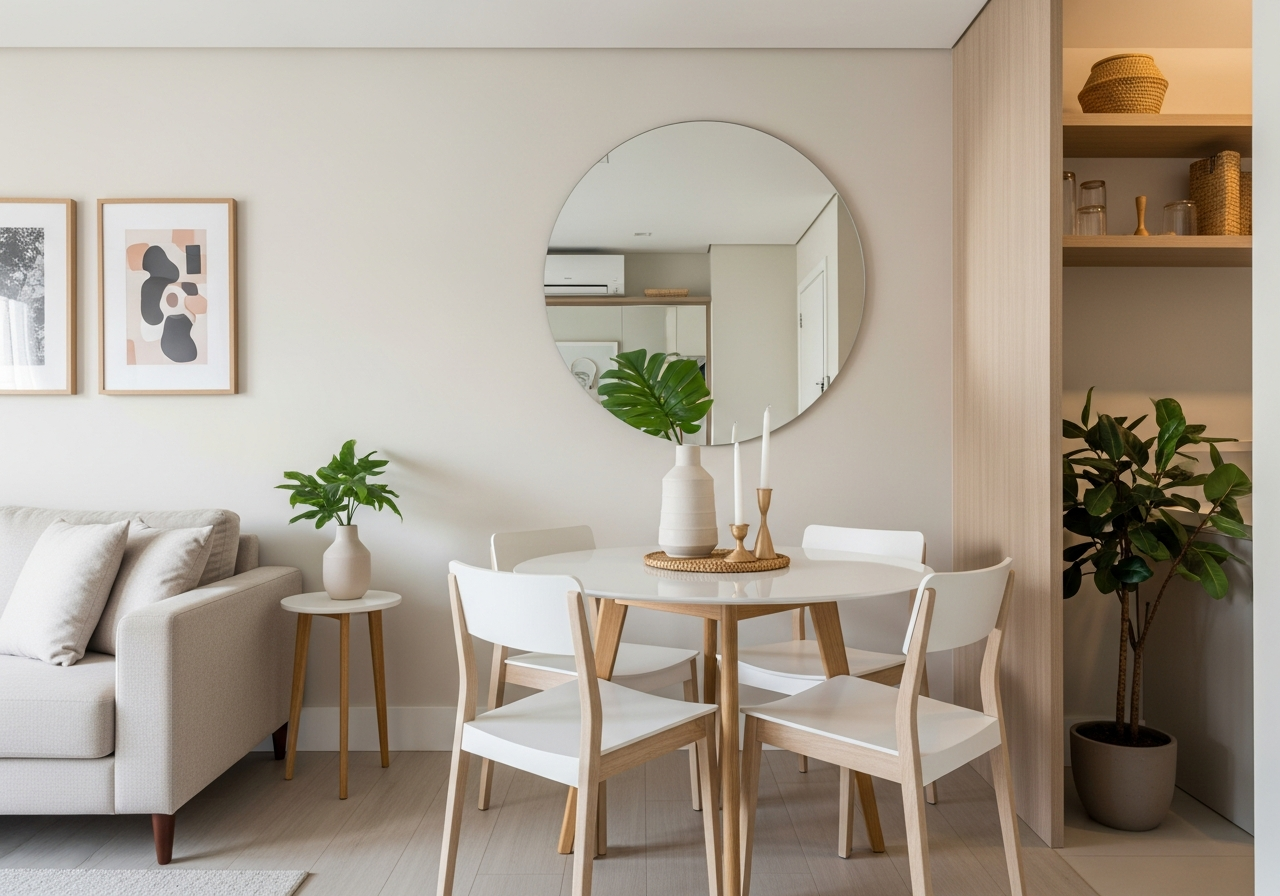 A small dining room solution. A round white table with four minimalist chairs tucked neatly underneath. A large round mirror on the wall reflects the space, making it look bigger. A single plant in the corner.
