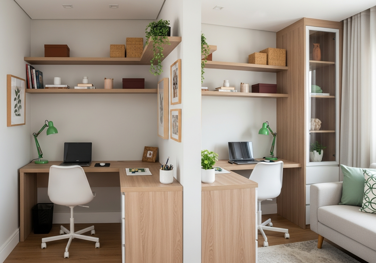 An L-shaped desk setup in a cozy corner of a living room, designed for two people. One desk faces the wall with shelves above it, the other faces the room. The decor is cohesive, using wood tones and touches of green. Shows a clear division of space.