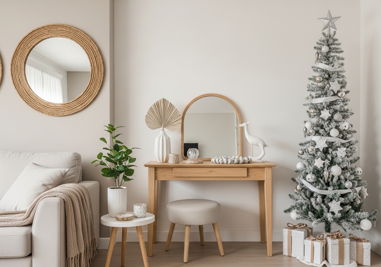 A modern and minimalist Christmas living room decoration. A slim Christmas tree with white and silver ornaments. The color palette is neutral with touches of natural wood. The scene is bright and airy.