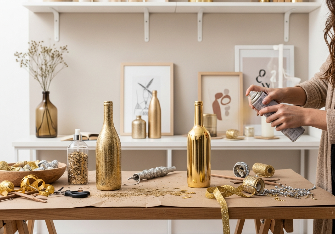 Uma cena de DIY (Faça Você Mesmo) onde uma pessoa está criando decorações de Ano Novo, pintando garrafas de vidro com spray dourado sobre uma mesa de trabalho com glitter, fitas e outros materiais.