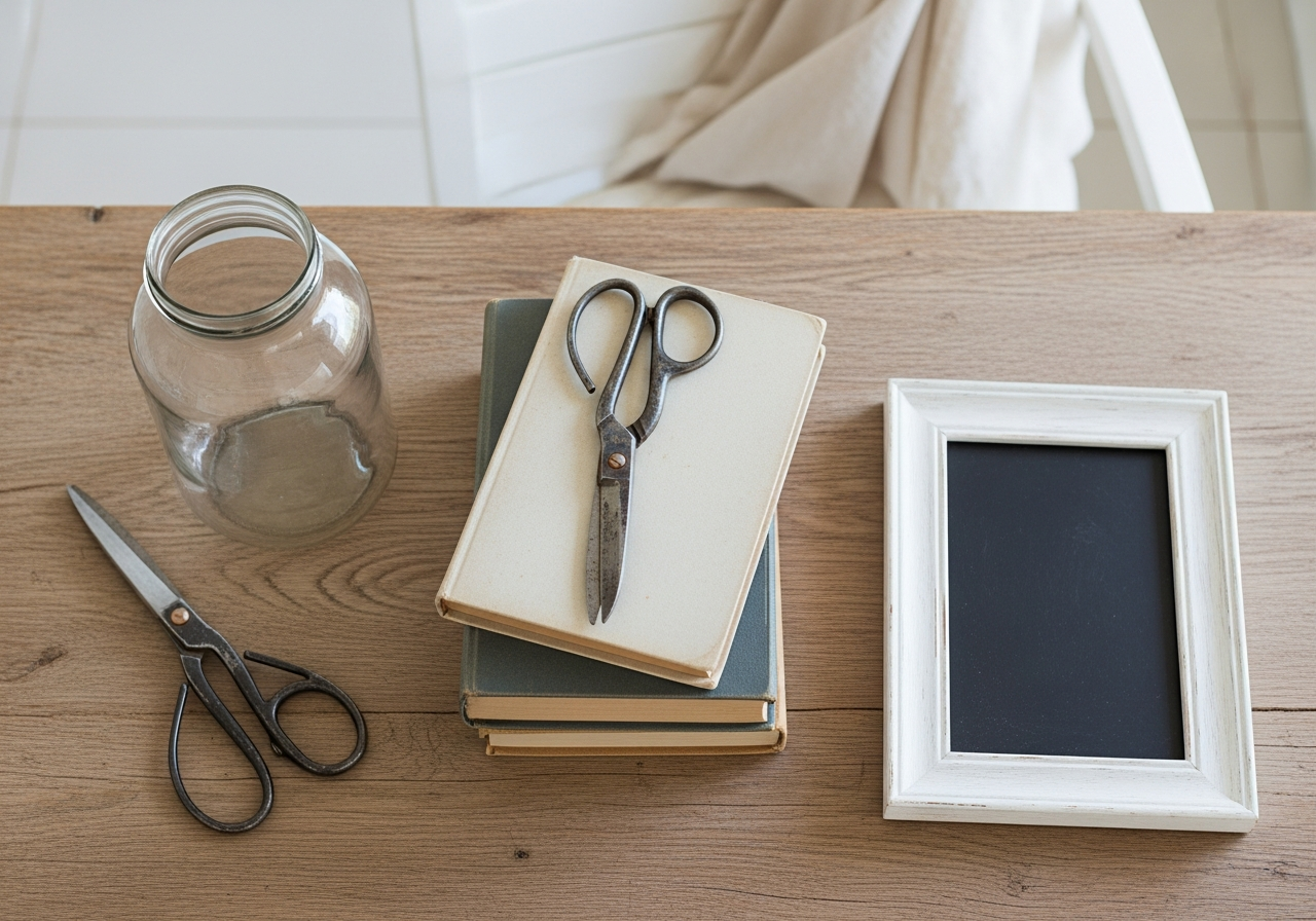 A flat lay of vintage DIY decoration items on a rustic wooden table. Includes an old glass jar being used as a vase, a stack of old books, a pair of vintage scissors, and a chalk-painted picture frame. Overhead shot, soft lighting.