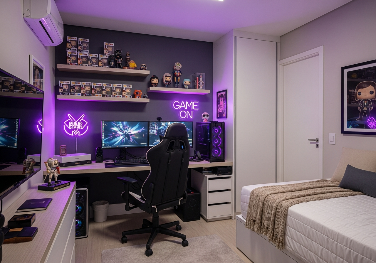 Um quarto de adolescente menina vibrante com tema de 'gamer'. Uma cadeira de jogos confortável está em frente a uma mesa com vários monitores. Prateleiras exibem colecionáveis e bonecos Funko Pop. Sinais de néon com palavras como 'Game On' brilham na parede, com um esquema de cores de tons escuros e iluminação roxa e rosa brilhante.