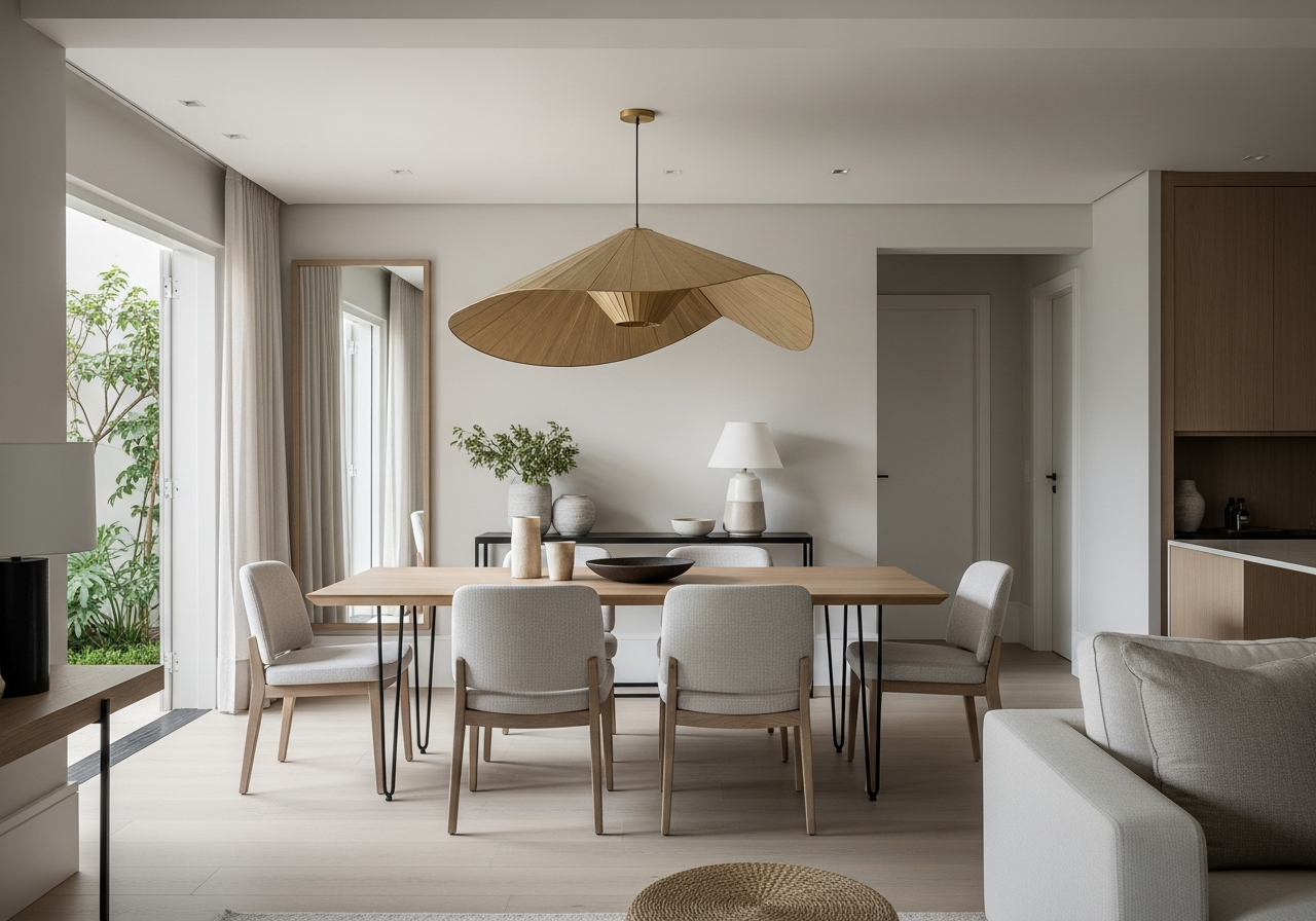 A contemporary dining room featuring a minimalist wooden table with slim black metal legs, surrounded by elegant upholstered chairs. A large, sculptural brass pendant light hangs above the table, creating a focal point.