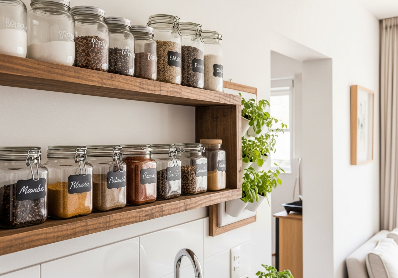 A rustic-chic kitchen shelf made from reclaimed wood, holding neatly arranged glass jars with handwritten labels for spices. A small DIY vertical herb garden is visible on the side. Warm and organized feel.