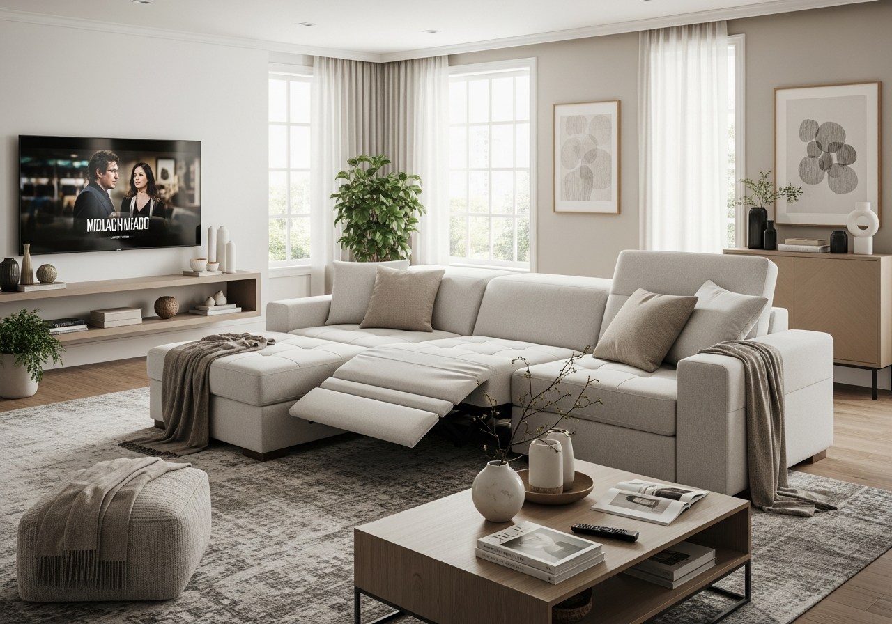 A family happily lounging on a large, comfortable retractable and reclining sofa in a cozy living room, watching a movie. The atmosphere is warm and inviting. Lifestyle shot.