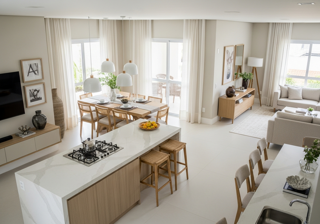 An overhead view of a spacious open-concept living area, where a beautiful kitchen with an island seamlessly connects to the dining and living room. The island serves as a divider and a social hub. The style is contemporary and inviting.