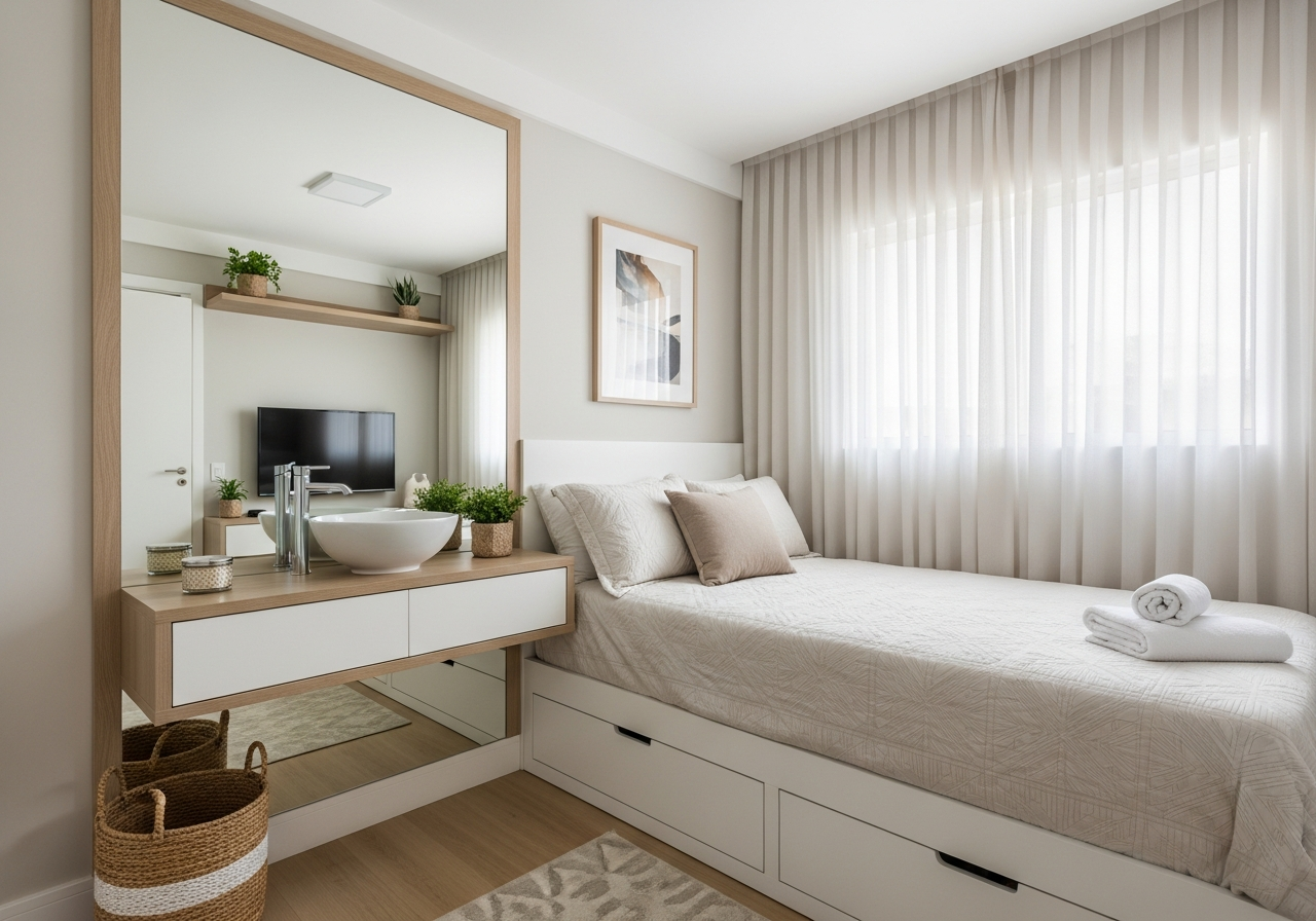 A wide shot of a small but well-organized master bedroom, demonstrating smart use of space. A floating shelf acts as a nightstand, a mirror on the wall creates an illusion of spaciousness, and the bed has built-in storage drawers underneath. Bright and airy.