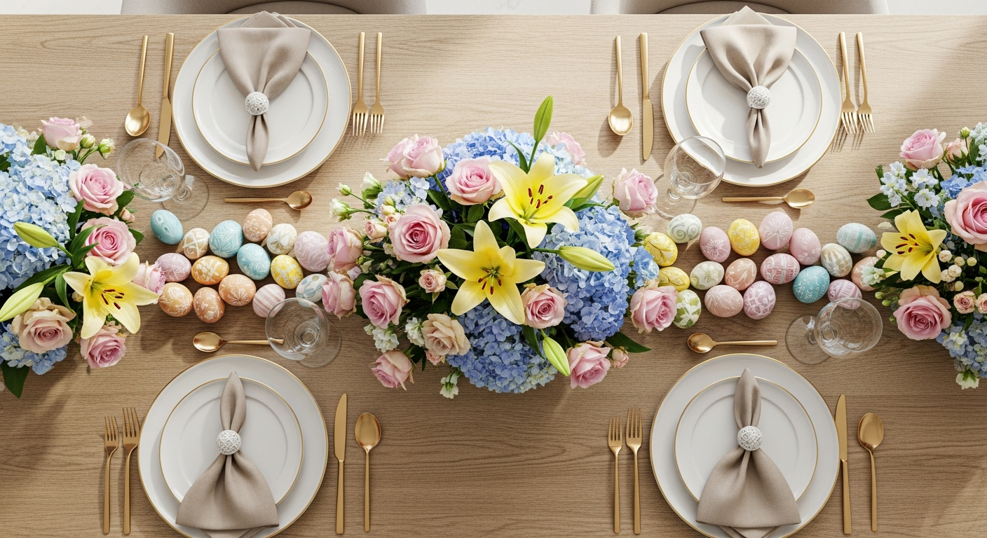 A beautifully decorated Easter dining table, shot from above. Pastel colors, a centerpiece with flowers and painted eggs, elegant plates, and cloth napkins. Bright, airy, and festive.