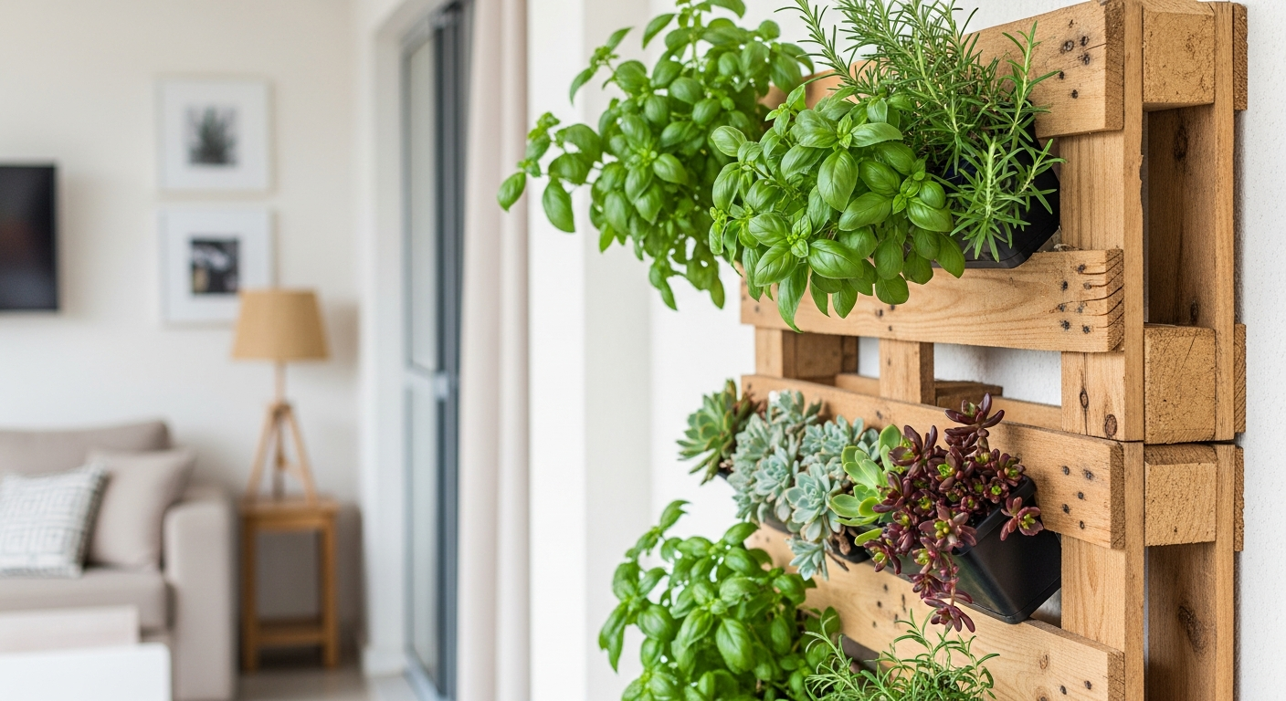 Close-up of a DIY vertical garden made from reclaimed wooden pallets on a sunny apartment balcony, filled with vibrant herbs like basil and rosemary, and colorful succulents. The style is rustic and cozy.
